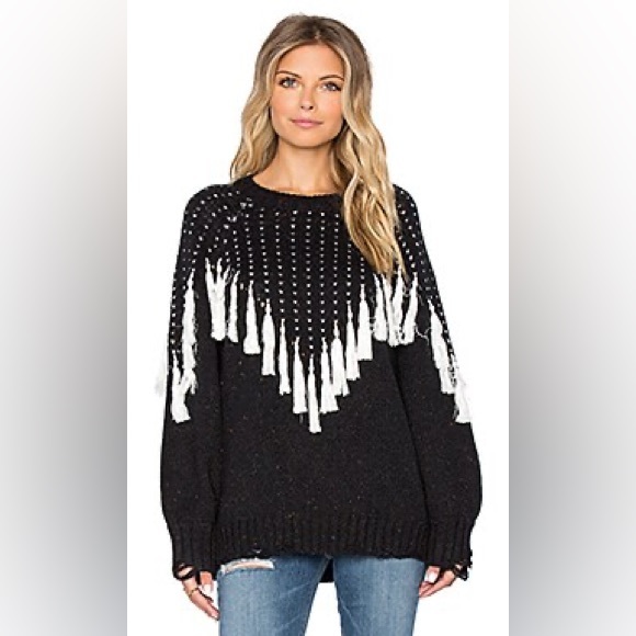 WILDFOX “Effie” charcoal grey crew neck sweater with tassels Size Medium - Picture 2 of 4